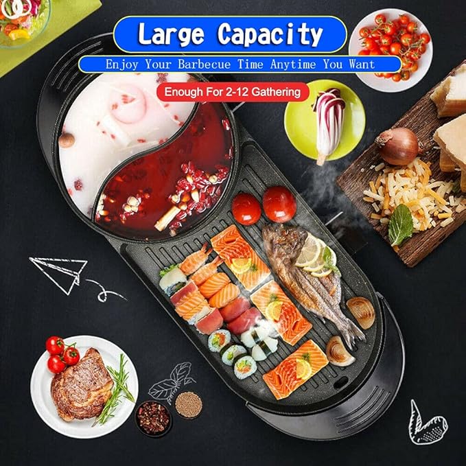 Topteng 2 in 1 Hot Pot Grill, Portable Electric Hot Pot Indoor Barbecue Grill Non-Stick Teppanyaki Pan Shabu Shabu Hot Pot Korean BBQ Grill