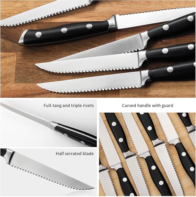 Alata 6-Piece Steak Knives Set with Block, 4.7 Inch with Serrated Edge Razor-Sharp Dinner Knives, Full-Tang Construction