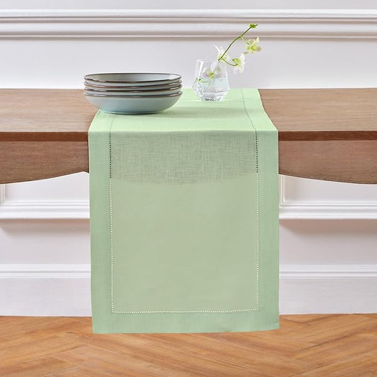 Solino Home Linen Hemstitch Table Runner 108 Inches Long - 100% Pure Linen Light Green Table Runner 14 x 108 Inch for Spring, St Patricks Day, Easter - Classic Hemstitch