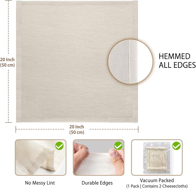 Olicity Cheese Cloths, 2PCS, Double-Layer, 20x20Inch, Reusable Grade 90 Cheese Cloth Bag for Straining, Hemmed Unbleached Cotton Precut Fine Mesh Muslin Cheesecloth for Juicing, Butter, Canning