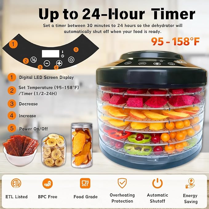 Food Dehydrator, Large 12'' 6 Trays Meat Dehydrator for Jerky, 600W Herb Dryer 24H Timer & Temp Control for Fruit Snacks Yogurt Dog Treats ETL Approved (Black 6 Trays)