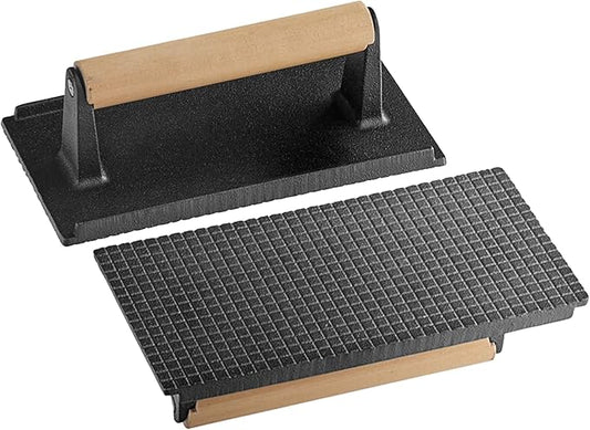 Cast Iron Steak Weight Press for Griddle, Grill and Pan Cooking - Heavy Cast Iron Grill Press with Wooden Handle - Steak Press Weight for Even Searing of Meat, Burgers and Bacon 8" x 4"