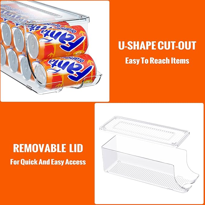 4 Pack Soda Can Organizer for Refrigerator, Stackable Canned Food Pop Cans Container Can Holder Dispenser with Lid for Fridge Rack Freezer, Clear Storage Bins-Holds 12 Cans Each (Transparent)