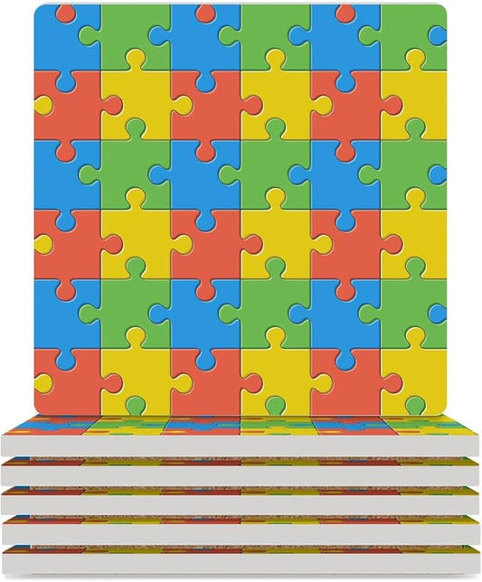 Gamer Drink Coasters, Square Ceramic Drink Coaster Square-6PCS, Kids Abstract Colorful Puzzle Toy Decor Absorbent Ceramic Coasters for Beverage Cup, Bar, Coffee Table