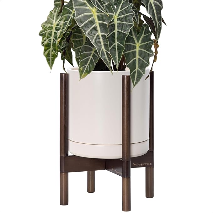 D'vine Dev Ceramic Planter with Walnut Color Stand - 10 Inch Modern Round Flower Pot with Wood Planter Holder, Oatmeal, 55-B-X-8