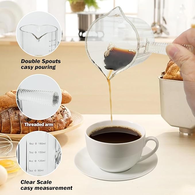 Glass Espresso Cup 6 OZ, Double Shots Measuring Cup with Glass Handle for Dishwasher Safe, Double V-Shaped Spout Milk Frothing Pitcher, Espresso Accessories for Machine, Demitasse Cups