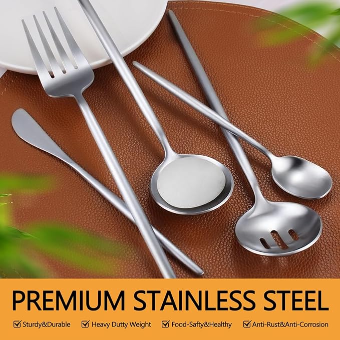 Large Serving Utensils Set,5 Pcs Stainless Steel Silver Serving Utensils with 10.8 Inch Serving Fork,10.3 Inch Serving Spoon,Slotted Serving Spoons,Sugar Spoons,Butter Knife for Party Buffet Banquet