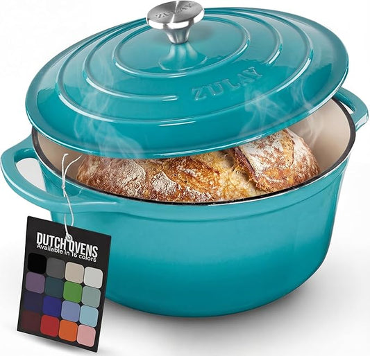 Zulay Kitchen 6 Quart Enameled Cast Iron Dutch Oven with Lid – Premium Durability & Oven Safe up to 500°F – Heavy Duty Cookware Perfect for Bread Baking, Stews, Braising & Roasting – Light Blue
