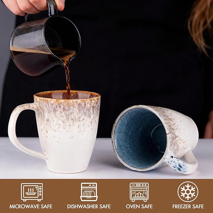 Coffee Mug Set of 2, Hand-Painted Stoneware Coffee Mugs with Modern Design, 17oz Ceramic Cups with Comfort Grip, Ombre and Speckled Glaze, Dishwasher Safe