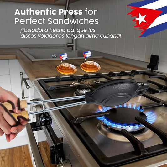 2 Uds Original Disquera de Pan Cubano Redondo – Set of 2 Cast Iron Cuban Sandwich Presses – Traditional Discos Voladores Maker – 15” with Wooden Handles