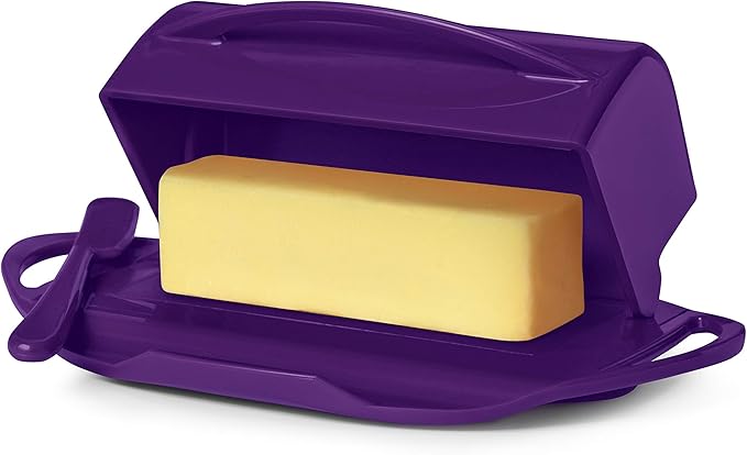 Butterie Flip-Top Butter Dish with Lid & Matching Knife, Holds 2 Sticks/European Butter, No-Mess Butter Holder, Shatterproof, Dishwasher Safe, Purple