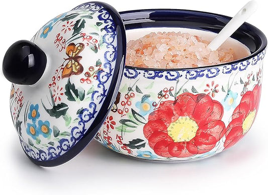 silesia Handmade Sugar Bowl with Lid and Spoon, 10 Ounce Ceramic Hand-Painted Sugar Jar for Kitchen in Gift Box, Kitchen Decor, Oven, Dishwasher & Microwave Safe, Flowers Red