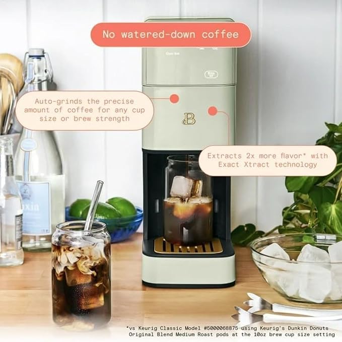 Beautiful Perfect Grind Programmable Single Serve Coffee Maker, Burr Grinder, 64 oz Reservoir, 6 Brew Sizes by Drew Barrymore (Sage Green)