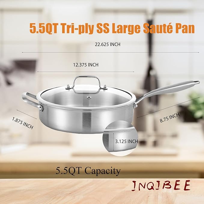 Inqibee Tri-Ply 6 Quarts Stainless Steel Sauté Pan with Lid,12 Inch Induction Deep Frying Pan,Large Skillet,Jumbo Cooker,Dishwasher and Oven Safe,Detachable Handle.