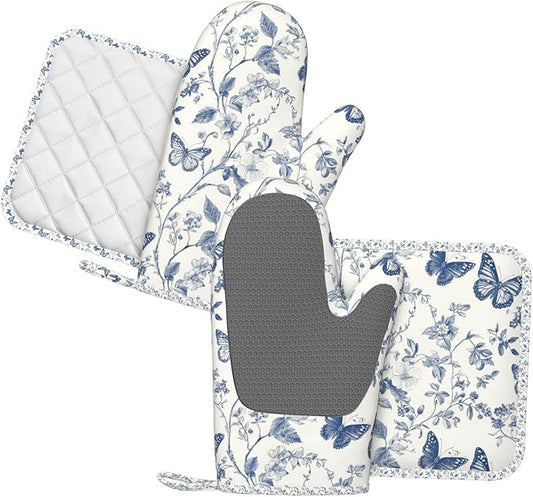 Oven Mitts and Pot Holders Butterfly Flower Vintage Blue Silicone Kitchen Accessories Set of 4 Heat Resistant Long Gloves Potholder Non-Slip Grip for Chef Cooking Baking Grilling BBQ