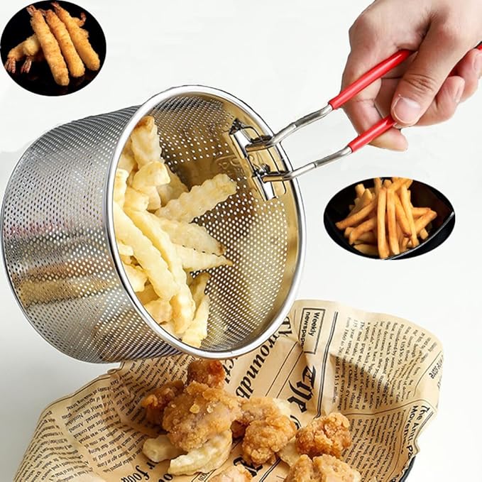 Tenta Kitchen Pasta Strainer Boiling Blanching Colander Vegetable Steamer Basket Stainless Steel Fryer Basket with Removable handle Insert for Veggie Fish Seafood Cooking and heat food 7 Inch