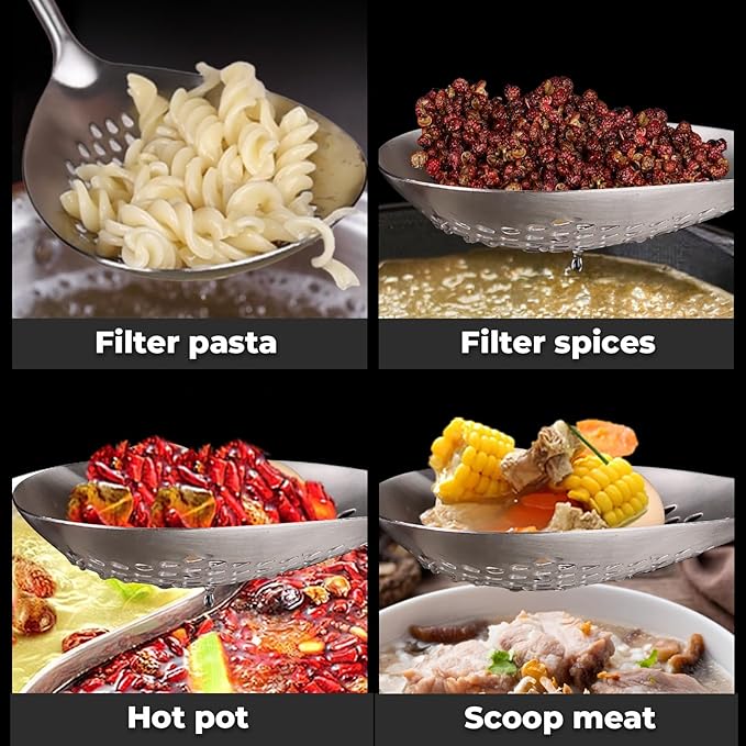 MARTE Skimmer Slotted Spoon -14.8in Pasta Strainer Skimmer Ladle Spoon for Cooking and Frying - Kitchen Scoop Colander Strainer Spoon with Heat Resistant Black Wooden Handle