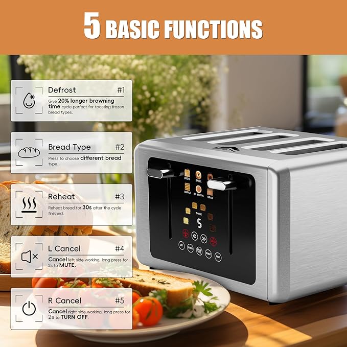 WUNLY Touch screen Toaster 4 slice,Stainless Steel Digital Timer Toasters with Sound/Screen-Off Function,6 Bread Types & Shade Settings,Smart 1.5 Wide Slots Toaster with Bagel,Defrost,Stainless Steel