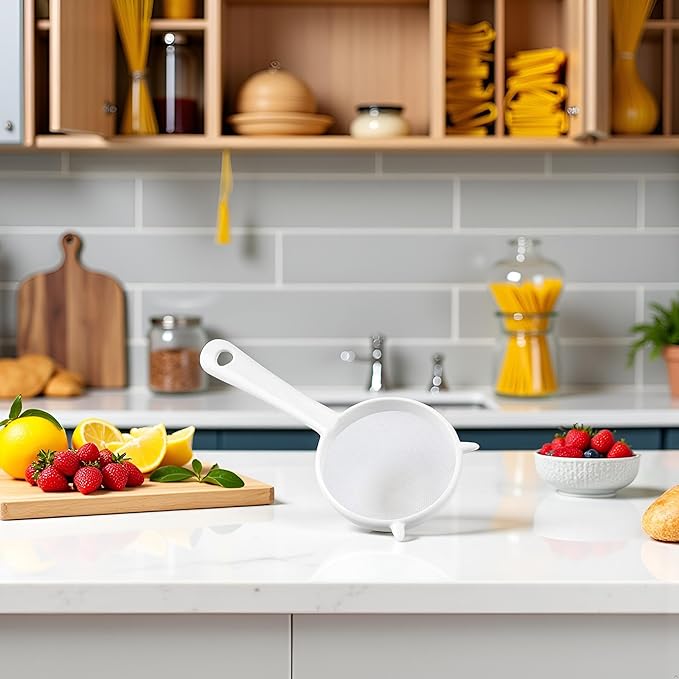 Small White Mesh Kitchen Sifter - Plastic Mesh Strainers Sieve,Colanders and Sieve with Handle for Tea Pasta Flour Rice Fruits Vegetable, Food Strainers