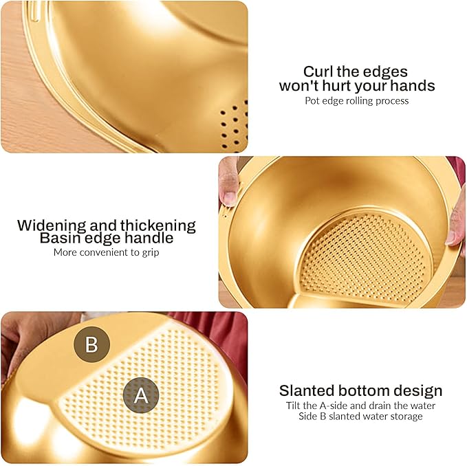 Stainless Steel Rice Strainer Bowl With Side Drainers，Rice Strainer Fine Mesh，Fine Strainers for Quinoa for Cleaning Fruits Vegetables Beans，Versatile Kitchen Tool，10.55" x 5.31" (Gold)