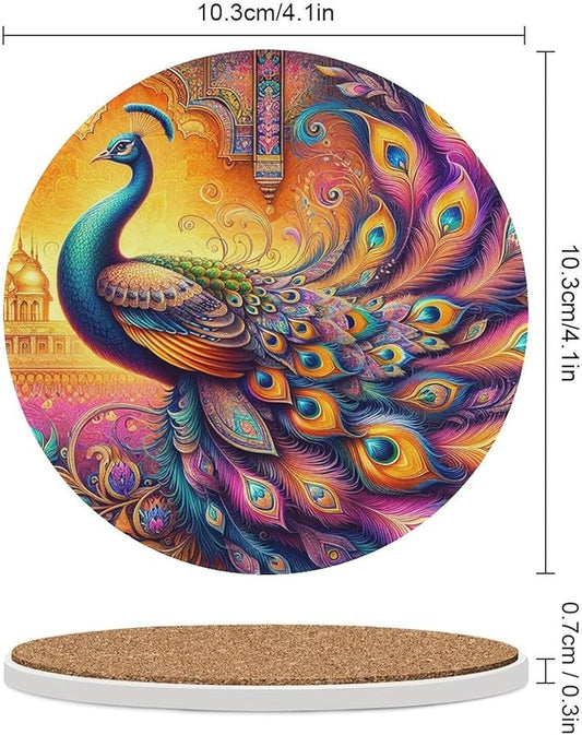 Round-6PCS Peacock Drink Coasters, Round Modern Ceramic Absorbent Coasters, Boho Art Beautiful Colorful Floral Peacock Pattren Decor Desk Coffee Table Coaster for Beverage Cup Tea Coasters