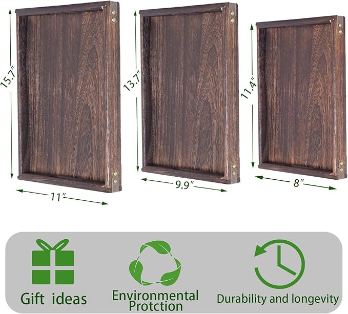 Wood Serving Tray with Handles - Set of 3, Wooden Tray for Food, Drinks, Snacks, Serving Trays for Breakfast in Bed, Dinner and Coffee Table