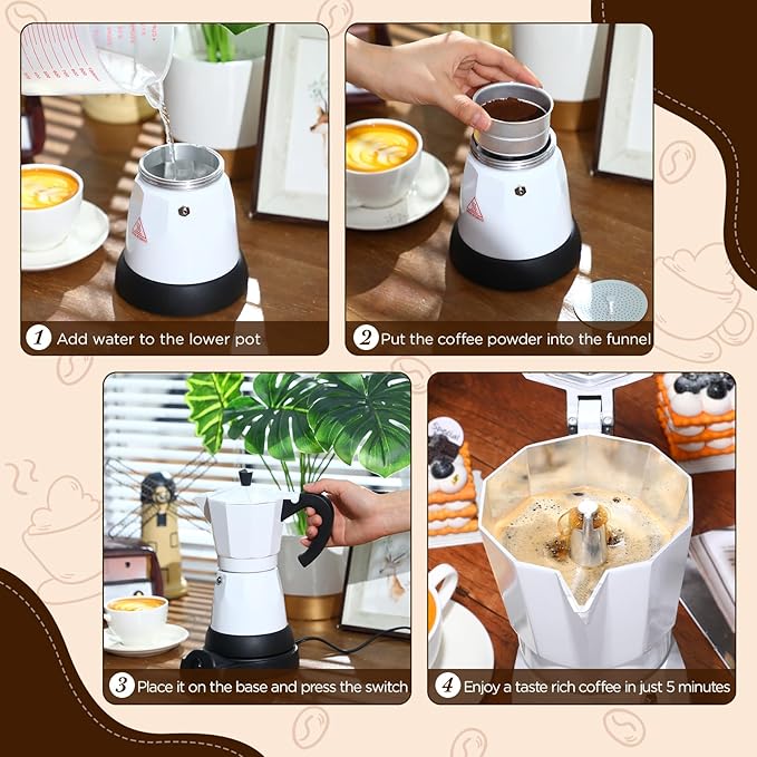 Lemosae Coffee Pot 6 Cup Electric Espresso Coffee Maker Italian Moka Maker 300ml Portable Aluminum Espresso Machine Cafetera Moka Pot with Detachable Base, Gift for Home Travel(White)