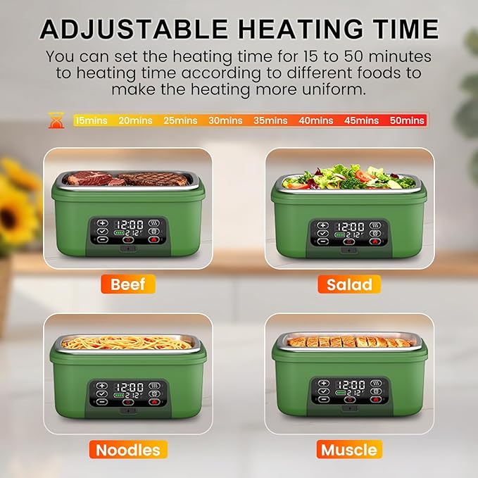 Cordless Electric Heated Lunch Box, XL 6.3Cups 20000mAh Rechargeable Food Warmer Lunch Box with Self Heating, Smart Timer, Adjustable Temperature, Leakproof, BPA Free, Removable Tray Divider