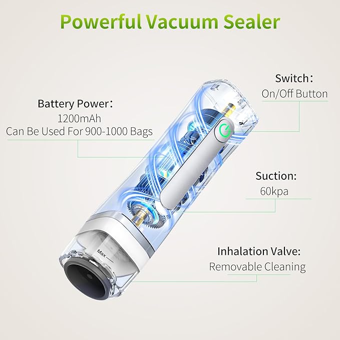 Vacuum Sealer for Food with Visible Water Tank | Portable Compact Vacuum Sealer Machine | with 30 Reusable Bags | Preservation Time Prolonged by 6 Times