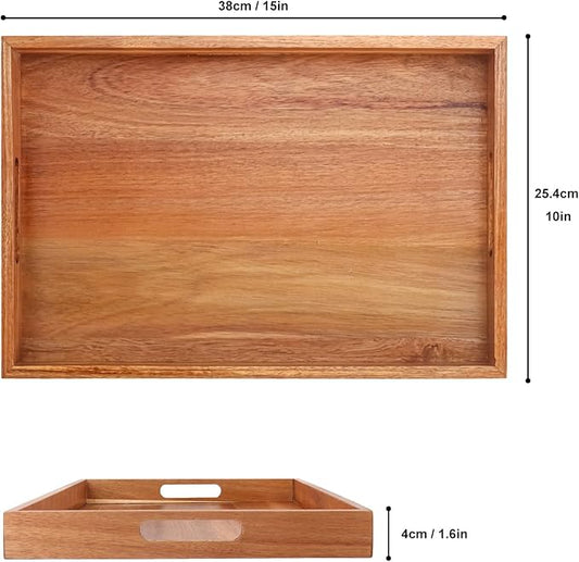 3 PCS Acacia Wood Serving Tray with Handles - 15 x 10 Inch Elegant Rectangle Wooden Tray for Food, Decorative Snack Tray, Breakfast and Kitchen Tray, Ideal Wooden Serving Platter for Homes