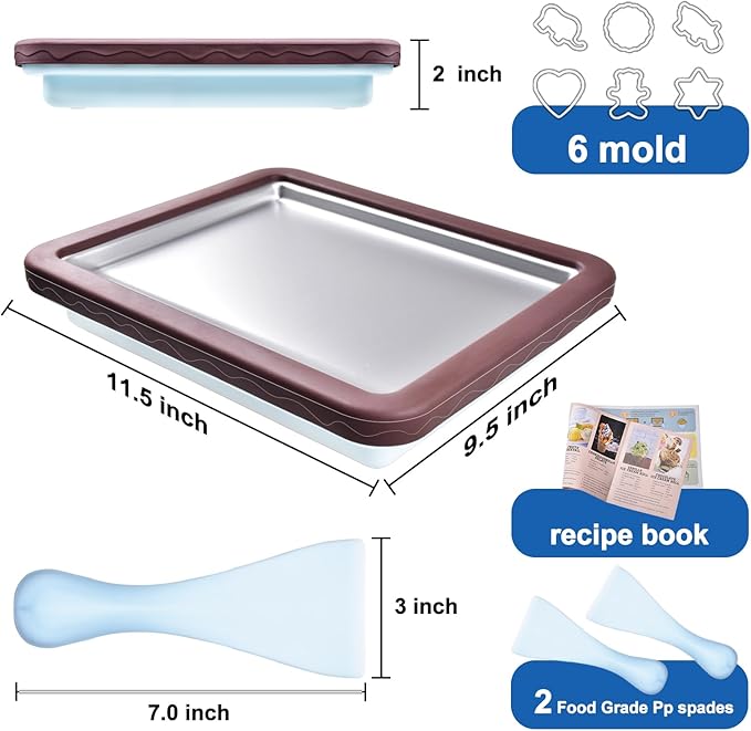 ROEDEER Rolled Ice Cream Maker, Ice Cream Roll Maker Plate with 2 Spatulas, Instant Rolled Ice Cream Machines for DIY Ice Cream, Includes Recipe Book, Fun Gifts for Kids, Color:Brown and Blue