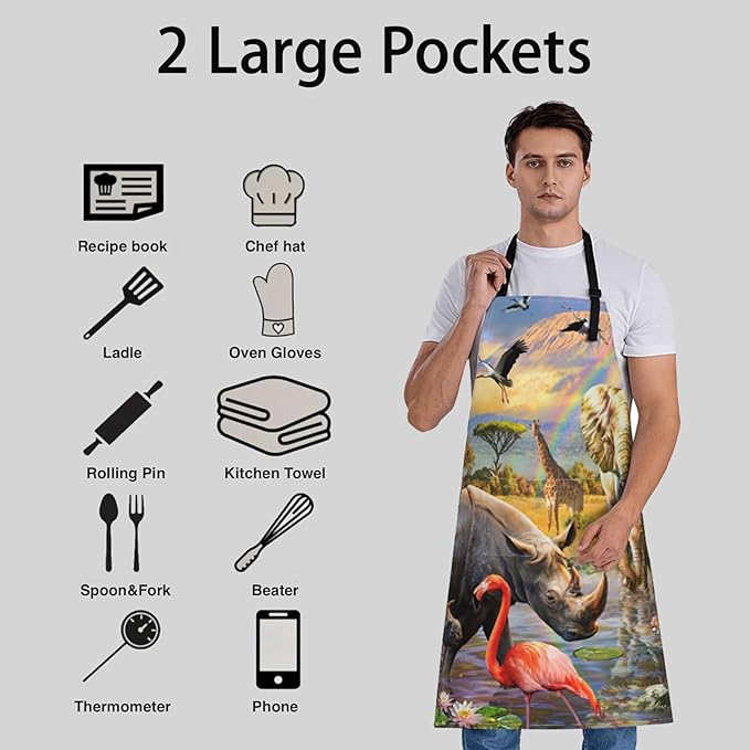 Green Apron for Women, 28x33in, Kitchen Chef Aprons with 2 Pockets, Polyester, Tropical Leaves Plant Apron for Cooking BBQ Baking Gardening Chef, Gifts for Mom Wife Dad