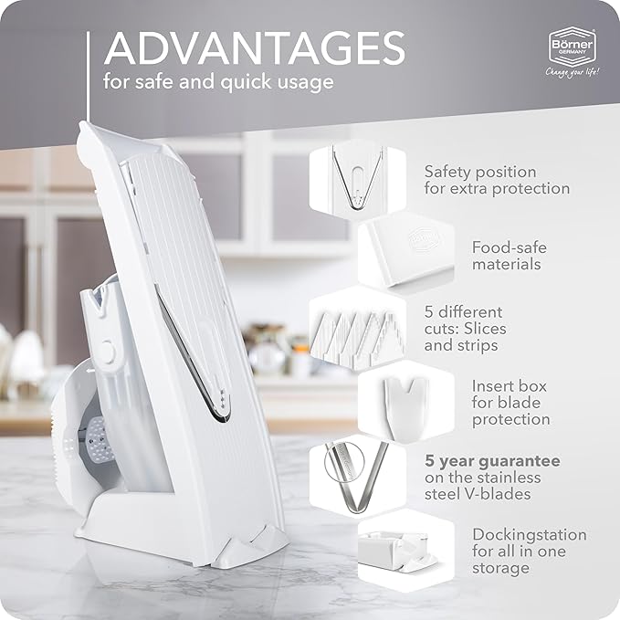 Mandoline Food Slicer Börner V1 (Profi Set) by Reston Lloyd • V-Slicer with 4 Inserts, Docking Station & Food Holder • Made in Germany • Fruit & Vegetable Chopper • Multiple Settings • Color: White