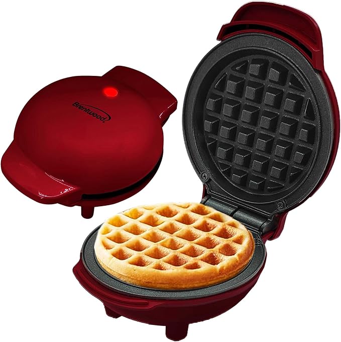 Brentwood 5” Non-Stick Mini Maker for Waffles, Keto Chaffles, Hash Browns, and More (Red)