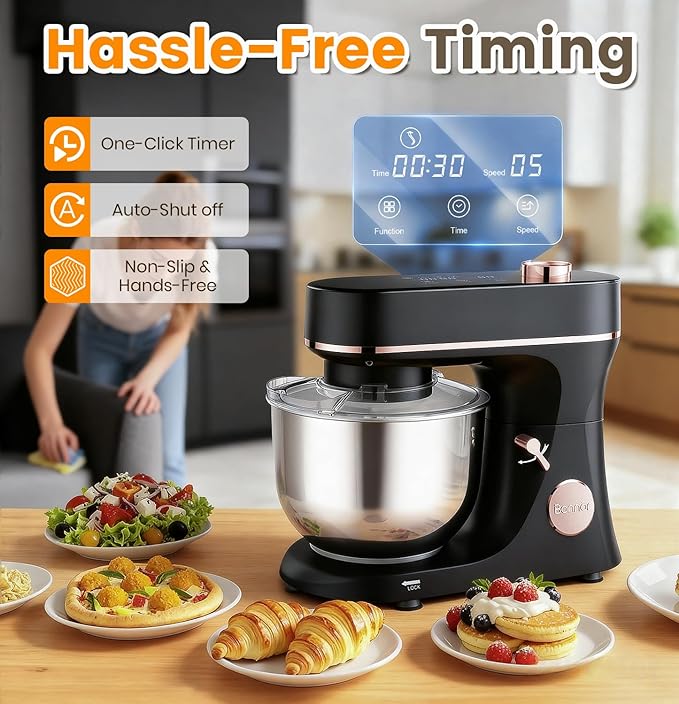 Bonnor Stand Mixer 6QT Kitchen Mixer with LED Smart Touchscreen, 11-Speed Tilt-Head Mixer with Timer, 4 Preset Menus, Stainless Steel Bowl, Dough Hook, Whisk, Beater,Black