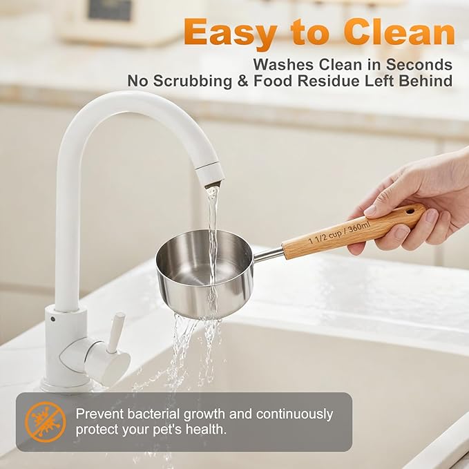 1PCS 1Cup(240ml | 8oz) Dog Cat Food Scoop, 18/8(304) Stainless Steel Measuring Cup with Wooden Handle, Etched Measurements Inside, BPA Free Portion Control for Pets & Kitchen Use