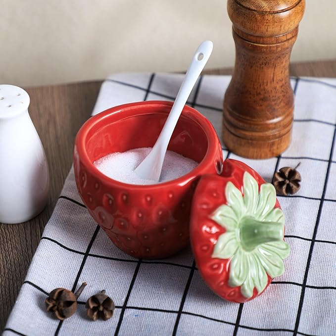 WAIT FLY Strawberry Ceramic Sugar Bowl with Lid, Sugar Container, Sugar Salt Pepper Storage Jar for Kitchen Countertop, Coffee Bar