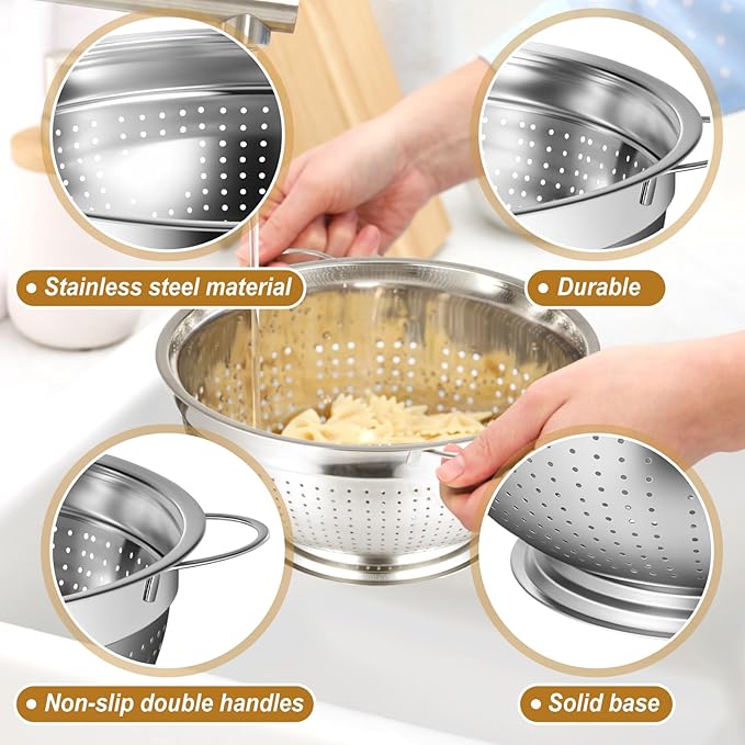 Maxdot 2 Pack 8 Quart Heavy Duty Stainless Steel Colander with Footed Base and Handles Pasta Spaghetti Berry Fruit Vegetable Kitchen Food Strainer Basket