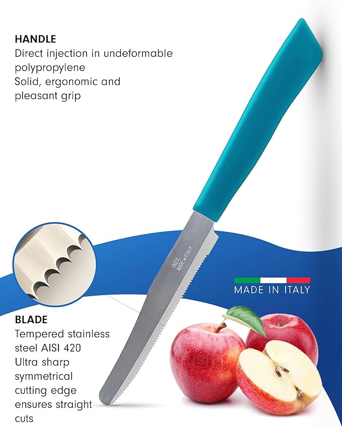 Tredoni 6 kitchen Knives - 4.3"/11cm Italian Stainless Steel Serrated Vegetable/Steak/Table Knife Cutlery, Rounded Tip (White)