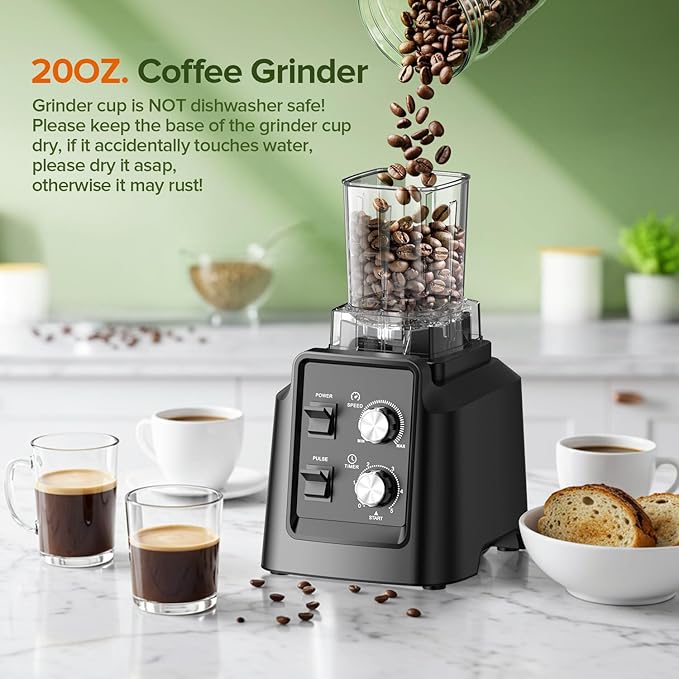 Blender, 68Oz. Countertop Blenders with 20Oz. Grinder, 28000 RPM Kitchen Blender for Smoothies, Ice Crushing, Frozen Fruits, Self-Cleaning, Speed Adjustable. Black