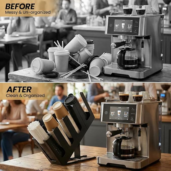 Coffee Cup & Lid Dispenser with Straw Organizer for Countertop – 4 Level Adjustable Paper Cup Holder for Coffee Bar, Café & Restaurant