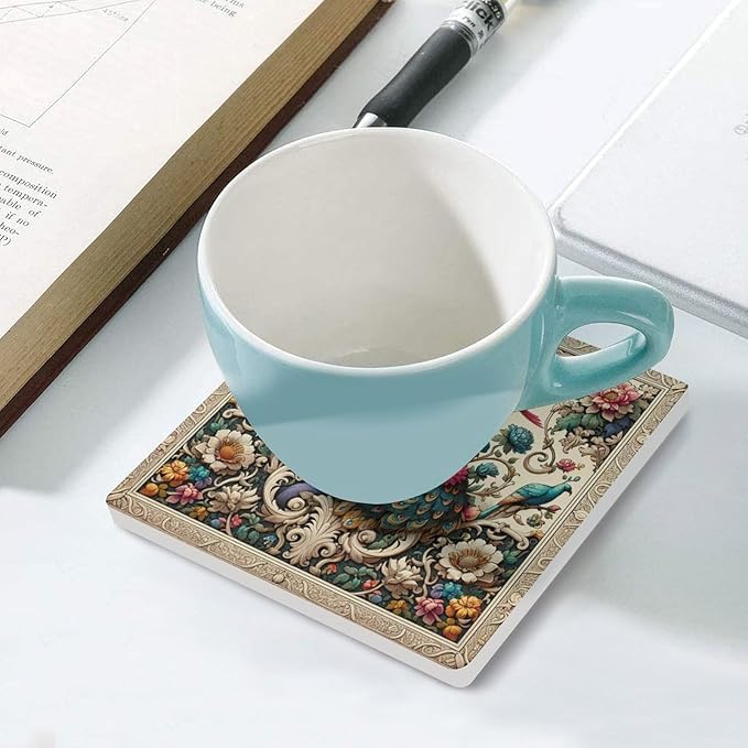 Peacock Drink Coasters, Square Ceramic Drink Coaster Square-6PCS, Beautiful Plant Colorful Floral Peacock Boho Peacockr Absorbent Ceramic Coasters for Beverage Cup, Bar, Coffee Table