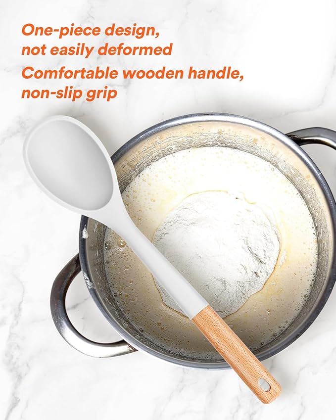 Large Silicone Cooking Spoons, Nonstick Solid Wooden Handle Spoon, Heat Resistan Silicone Kitchen Spoons for Cooking, Serving, Basting, Mixing, 13.2inch (WHITE)