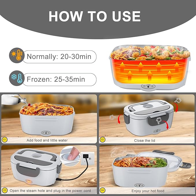 Electric Lunch Box Food Heater - 3 in 1 Portable Leakproof Heated Lunch Box for Car/Home/Adults with 1.5L Removable 304 Stainless Steel Container, 60-80W, 12V/24V/110V (White)