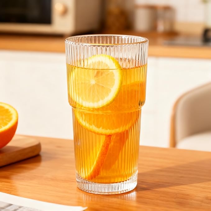 Etolies 6 Pack Ribbed Glass Tumblers, 18oz Glass Cups, Highball Glasses,Clear Glassware, Drinking Glasses for Iced Coffee, Water, Juice,Cocktails, Barware,Beer, Iced Tea & Gifts for Dad