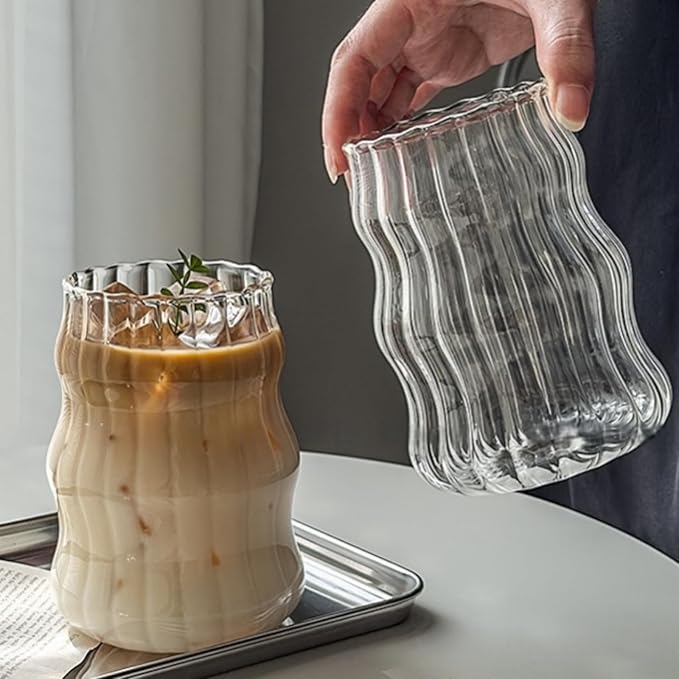 Ribbed Glass Cup 18 Oz Vintage Drinking Glassware Creative Ripple Glasses for Iced Coffee Juice Beverage Milk Cocktail Cute Wavy Glass Cups