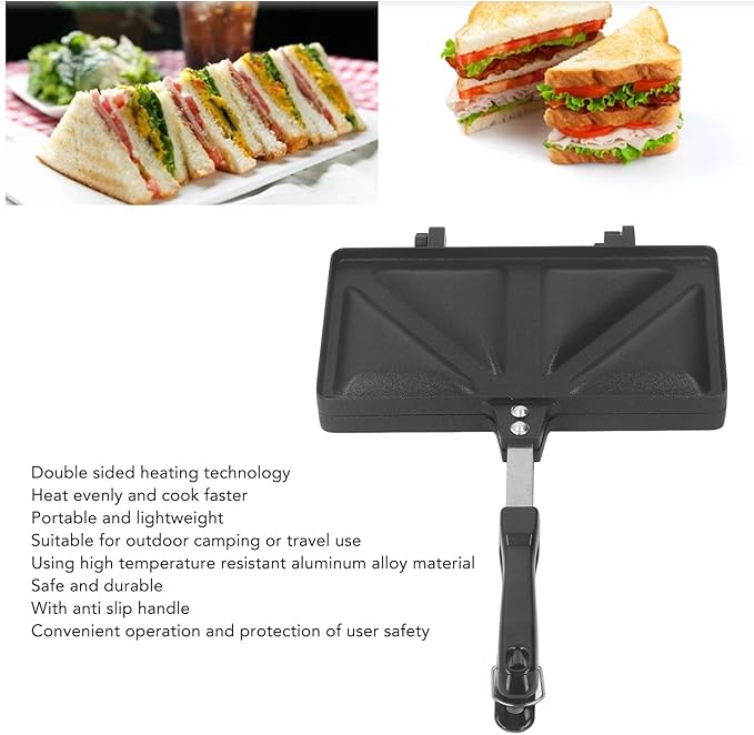 Hot Sandwiches Maker, Grilled Sandwiches and Panini Maker Pan Stovetop Toasted with Handle Non-Stick Double Sided Frying Pan for Home Kitchen(Black)