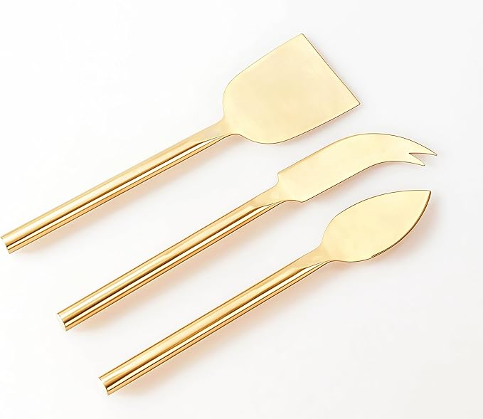 Long Handle Gold Cheese Knife Set of 3 Beautiful Appetizers n Charcuterie Utensils Pronged n Flat & Parmesan Knives