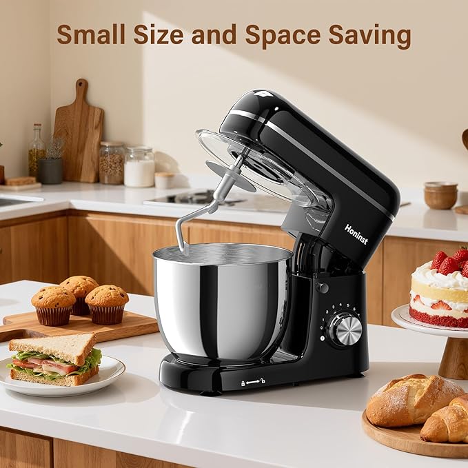 Honinst Stand Mixer, 3-In-1 8-Speed 660W 6.5QT Tilt-Head Food Electric Mixers with Bowl, Dough Hook, Whisk and Beater, Kitchen Mixer for Baking, Cake and Most Home Cooks, Black