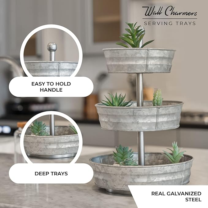 WallCharmers 3 Tier Galvanized Round Metal Tray, Three Tiered Serving Tray for Farmhouse or Cottage Theme Decor, 18 Inches, Size,